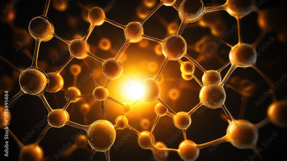 Poster futuristic nanotechnology network with glowing molecular connections and dynamic shapes, leaving spa