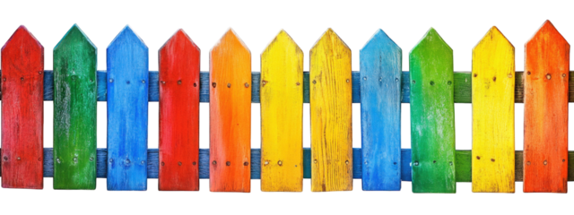 Colorful picket fence painted in rainbow colors, adding fun and vibrant touch to any outdoor space. This cheerful design enhances atmosphere of gardens or play areas