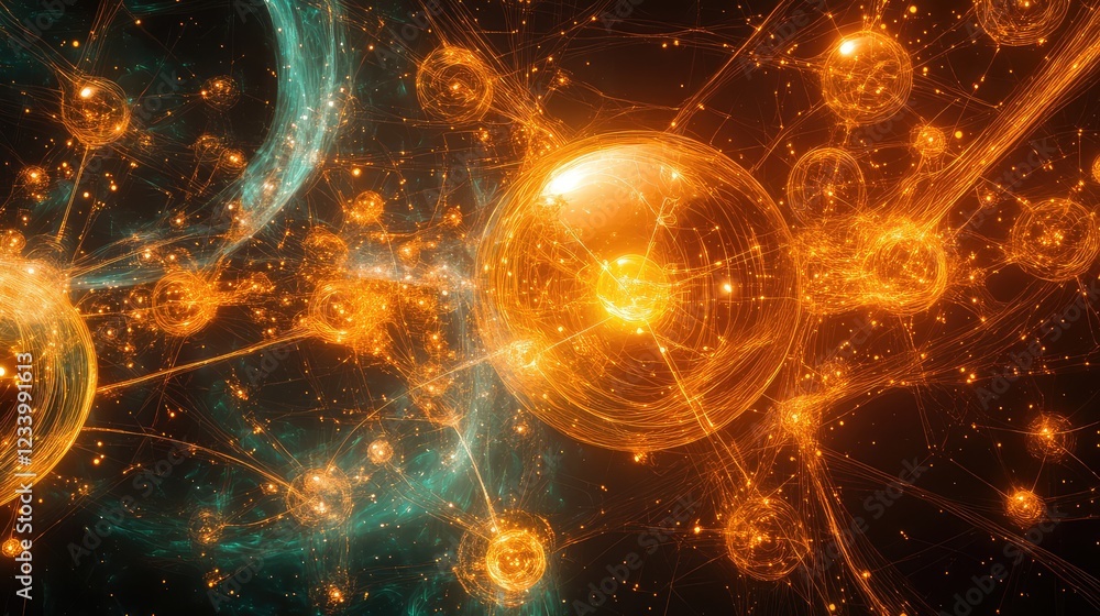 Poster futuristic nanotech network with particles, atoms, and molecules in a digital grid, creating space f