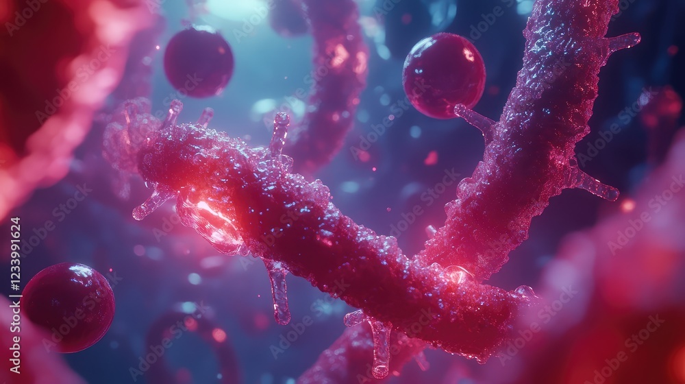 Poster futuristic nanotech background with microscopic molecules and particles forming intricate patterns, 