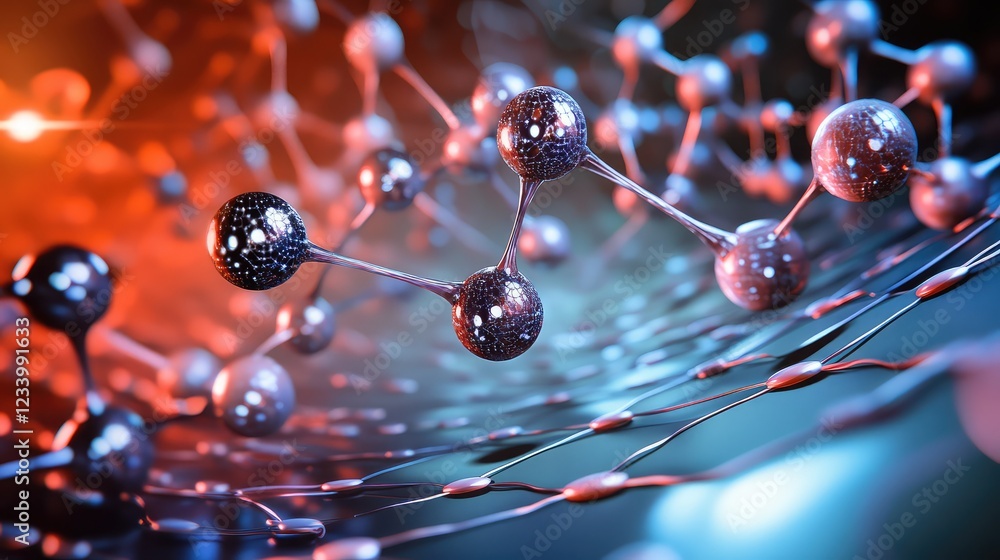 Poster futuristic nanotech network with particles, atoms, and molecules in a digital grid, creating space f
