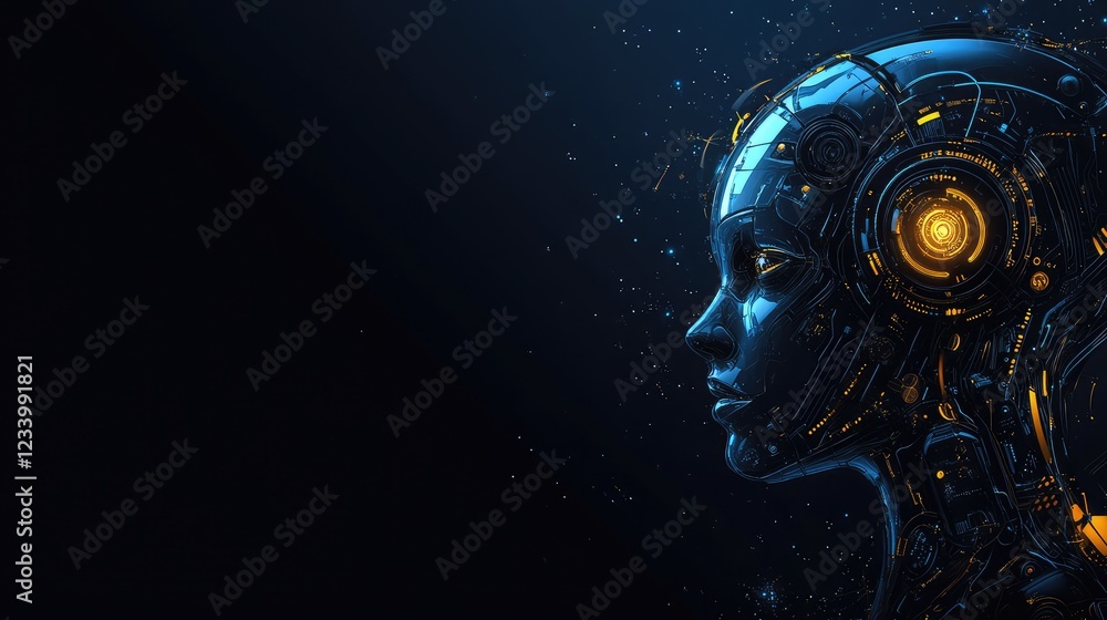Poster futuristic robotics technology with digital gears, glowing data flows, and cybernetic components, cr