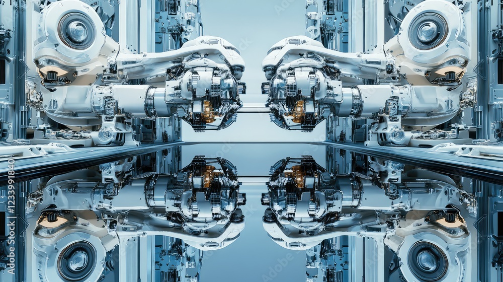 Aufkleber futuristic robotics setup with metallic gears, robotic arms, and advanced mechanical systems forming