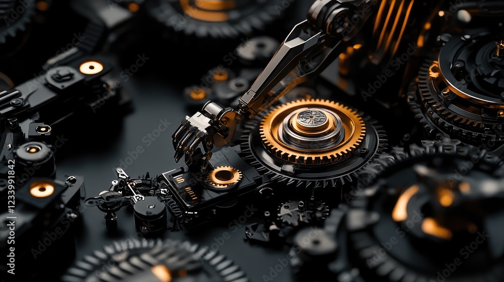 Poster futuristic robotics setup with metallic gears, robotic arms, and advanced mechanical systems forming