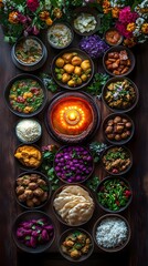 Abundant Assortment of Authentic Indian Cuisine Dishes Served on Rustic Wooden Table Top View