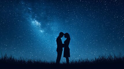 Obraz premium Romantic Silhouette of Couple Under Starry Night Sky