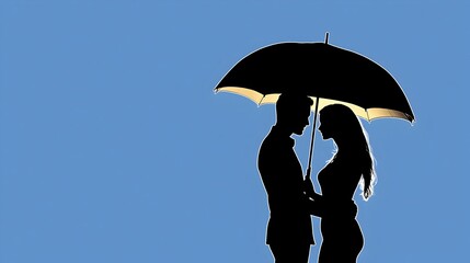 Romantic Silhouette of Couple Holding Umbrella Against Blue Sky