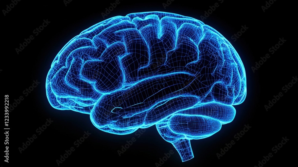 Poster blue brain scan image showing detailed neural activity and structures for medical analysis and resea