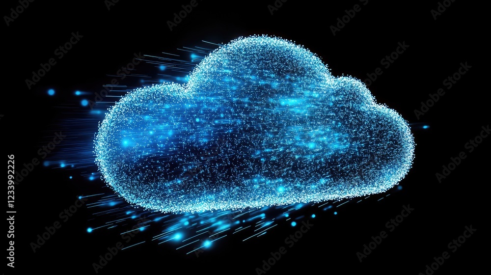 Poster glowing blue iot data streams with floating sensor icons, digital cloud computing elements, and an i