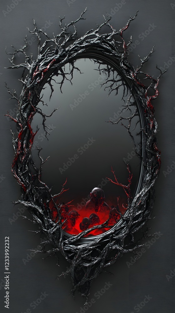 Poster mirror wrapped intertwined black and red thorny vines hyperrealistic souls inside screaming in agony