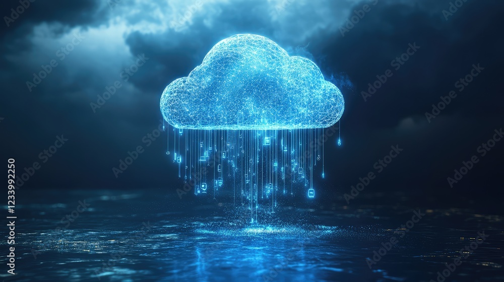 Poster glowing blue iot data streams with floating sensor icons, digital cloud computing elements, and an i