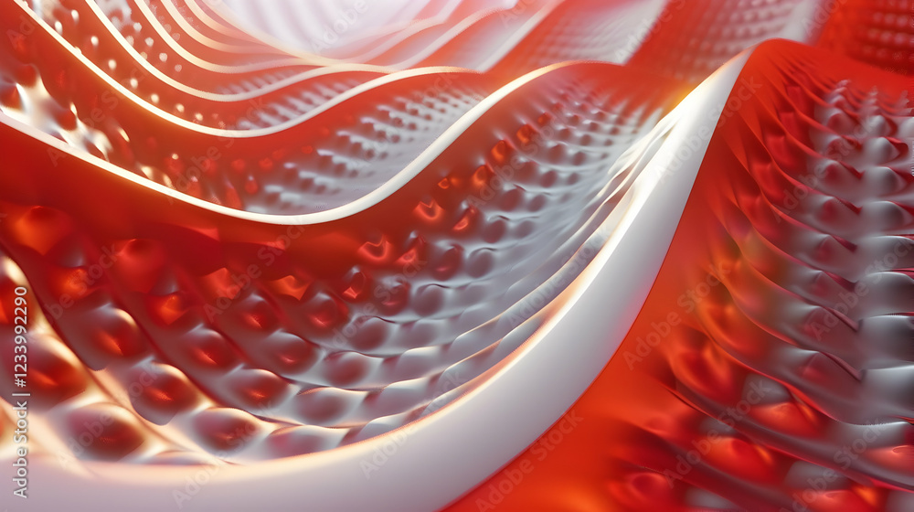Poster Abstract wave patterns in red and white, creating a dynamic visual effect.