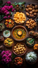 Fototapeta premium Authentic Indian Festive Food Platter Delicious Dishes Sweets Overhead View