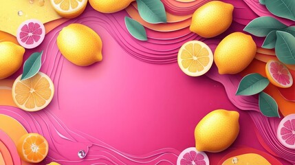 Vibrant citrus paper art, pink background, food design, advertising