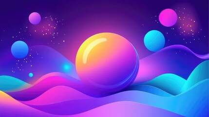 Glowing neon sphere surrounded by floating geometric shapes and digital light waves in an abstract futuristic background with copy space.