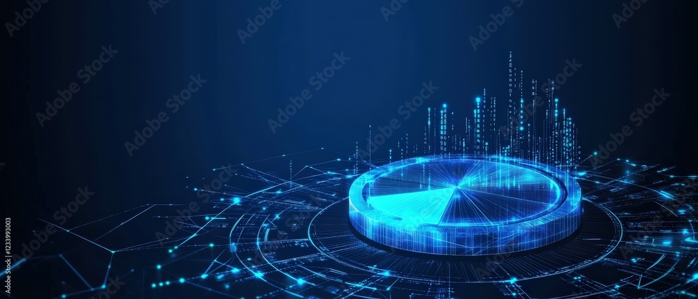 Poster blue abstract background featuring a circle and a network of interconnected lines and shapes