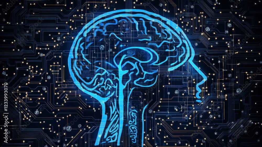 Poster brain scan visualization on electronic circuit background representing neural connections and techno