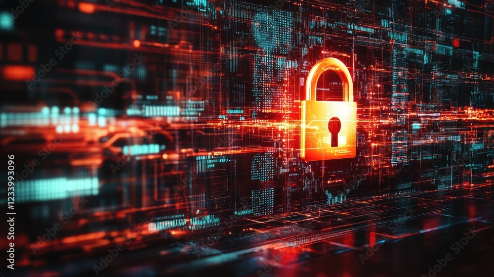 Poster abstract cybersecurity background with a glowing digital lock, high-tech data flow, and copy space.