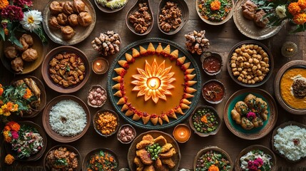 Festive Indian Cuisine Diverse Dishes Overhead View Traditional Food Delicious Meal Overhead Shot