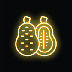 Yellow neon icon of a cocoa fruit cut in half, revealing its beans, isolated on a black background, illustrating the concept of chocolate production