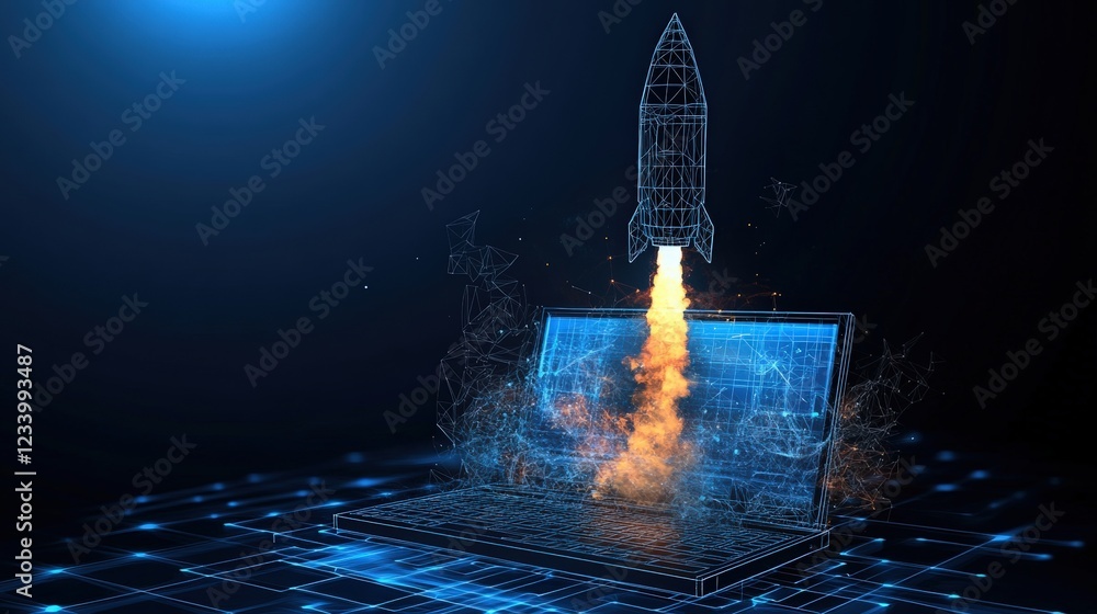 Poster laptop with a model rocket placed on top of it in a workspace setting with office supplies