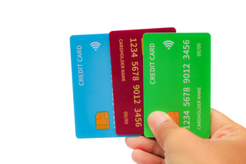 hand holding some credit cards isolated on white background,credit card without limit,business concept
