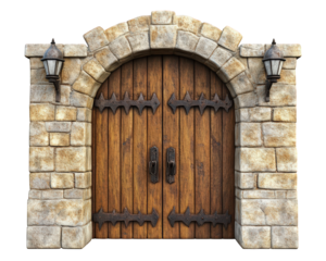 castle style stone gate featuring large wooden doors, adorned with decorative metal accents and lanterns, evokes sense of medieval charm and grandeur