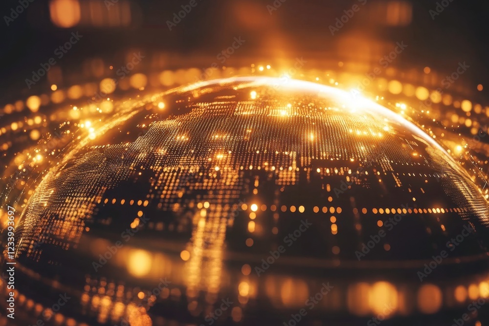 Poster a glowing globe surrounded by shimmering golden digital patterns, symbolizing technology and global 