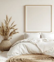 White wall with a large poster frame, a plant in a basket on the left side of the bed, white sheets and pillows, minimalist interior design photography, front view. 