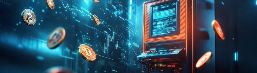 Obraz premium A futuristic slot machine surrounded by flying coins, set in a neon-lit environment representing digital gaming and cryptocurrency.