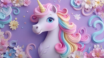 Enchanted Unicorn in a Floral Dreamland: A Whimsical 3D Render