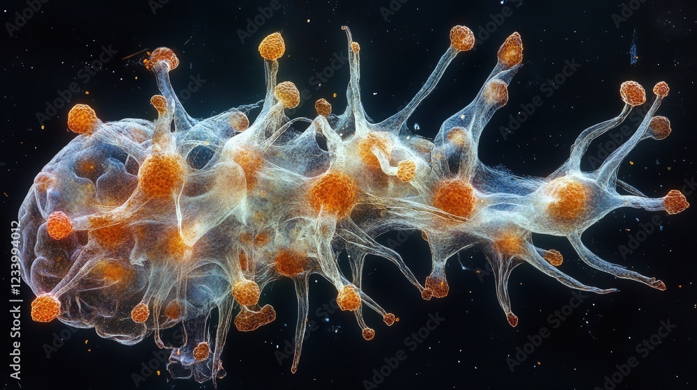 Poster group of orange and white cells under a microscope showing cellular structure and organization