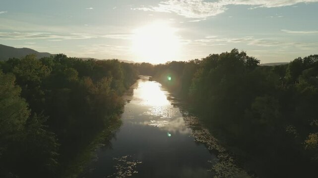 Sun setting over calm river surrounded by lush green trees