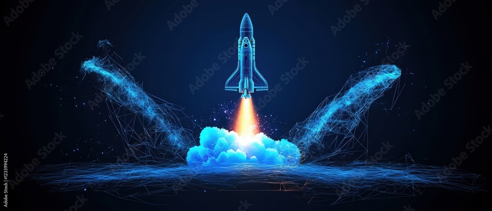 Poster rocket launching into a clear blue sky with smoke trailing behind during a daytime launch event