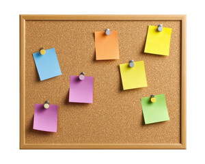 Colorful sticky notes pinned on cork bulletin board create organized and vibrant workspace. This setup is perfect for reminders and creative ideas