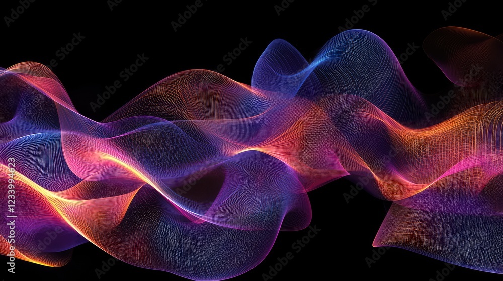 Poster high-tech digital waves blending into a cyber-tech futuristic background, forming a sophisticated in