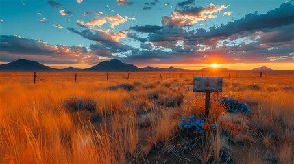 Rusty old mailbox in a vast golden field at sunset, with mountains in the background, dramatic sky, and warm glowing light, evoking nostalgia and solitude