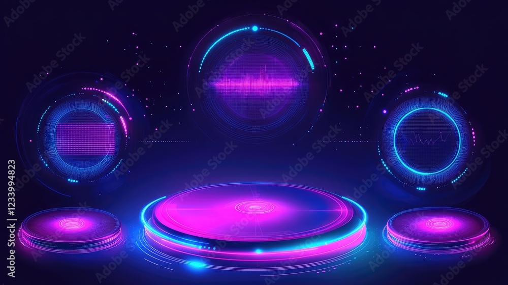 Poster holographic ai-inspired innovation background with floating digital data panels, glowing futuristic 