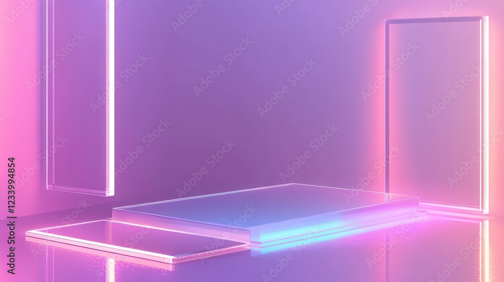 Poster holographic futuristic background with floating digital screens, glowing tech interfaces, and a high