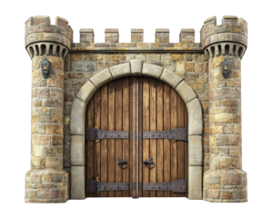 Ancient stone fortress gate with massive wooden doors and towers, showcasing medieval architecture and historical charm. captivating entrance to bygone era