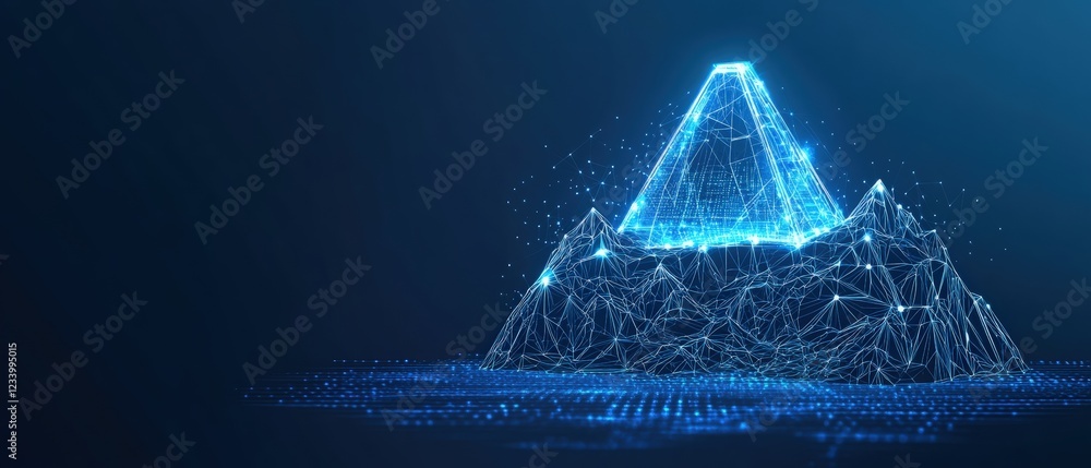 Poster geometric pyramid structure created from interconnected lines and dots on a dark background
