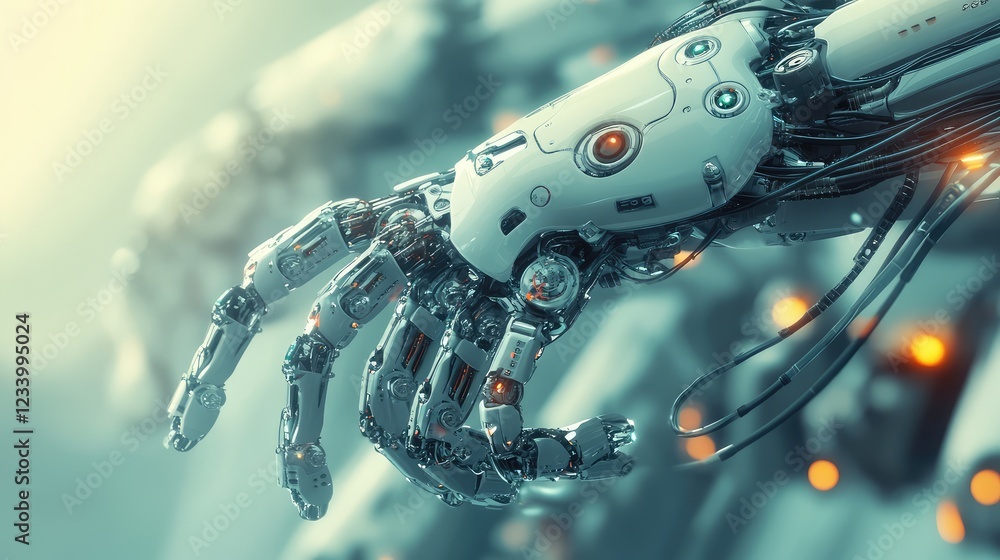 Poster industrial robotics background with intricate mechanical arms, glowing sensor nodes, and a smooth fu