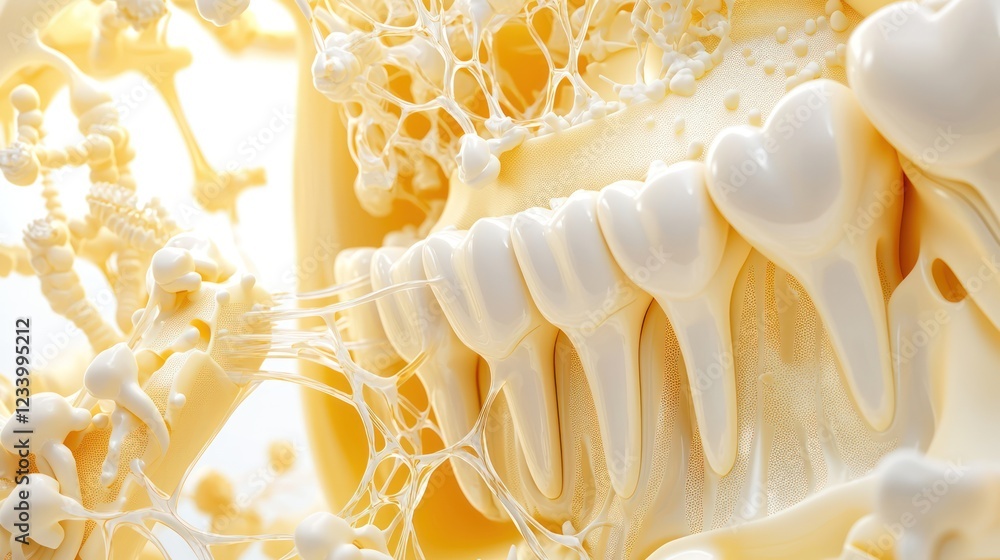 Poster a close-up view of intricate, organic structures resembling teeth and cellular formations, highlight