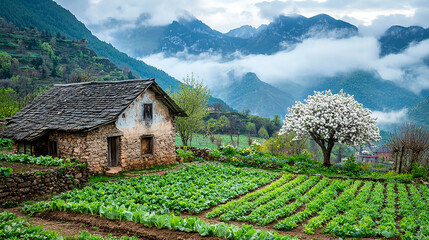Scenic Rural Farmhouse with Blooming Tree in Misty Mountain Landscape