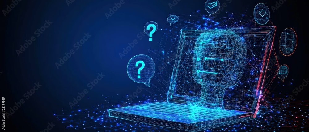 Poster laptop on a blue background with glowing light emanating from the screen and keyboard