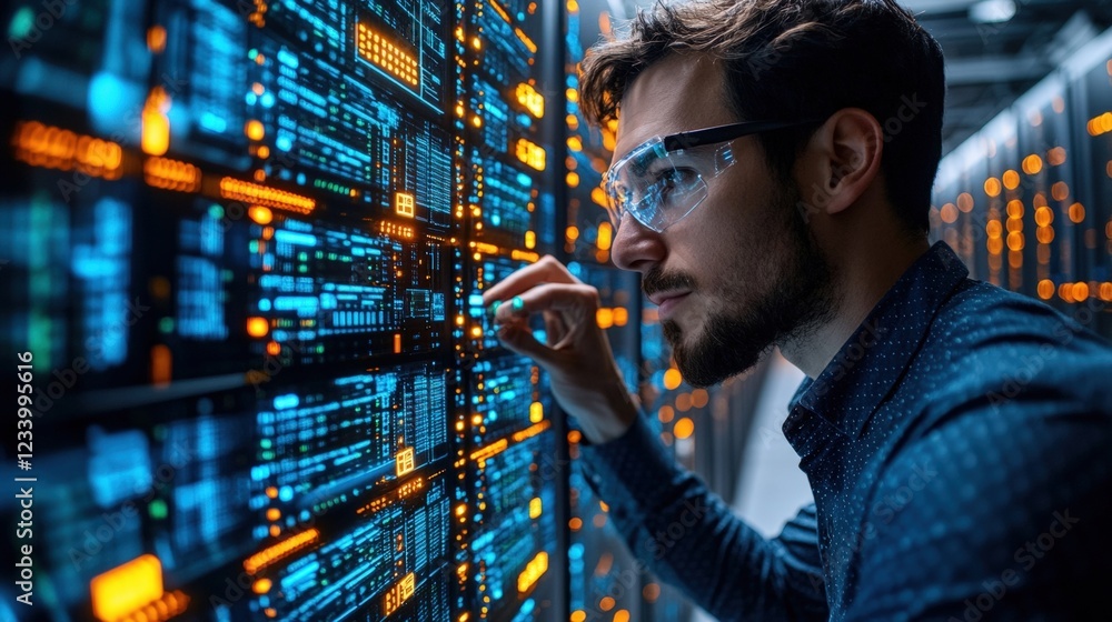 Poster man gazing at a computer screen while working in a modern office environment during the day