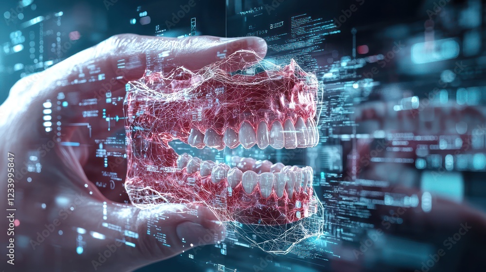 Poster a futuristic hand holds a digital representation of a jaw, combining elements of technology and anat
