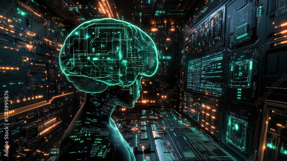 Aufkleber futuristic cityscape featuring a glowing brain structure as the central visual element in a night se