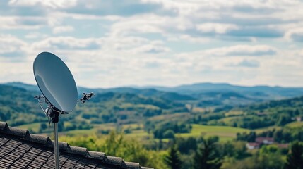 Satellite dish on rooftop, blurred scenic mountains background.