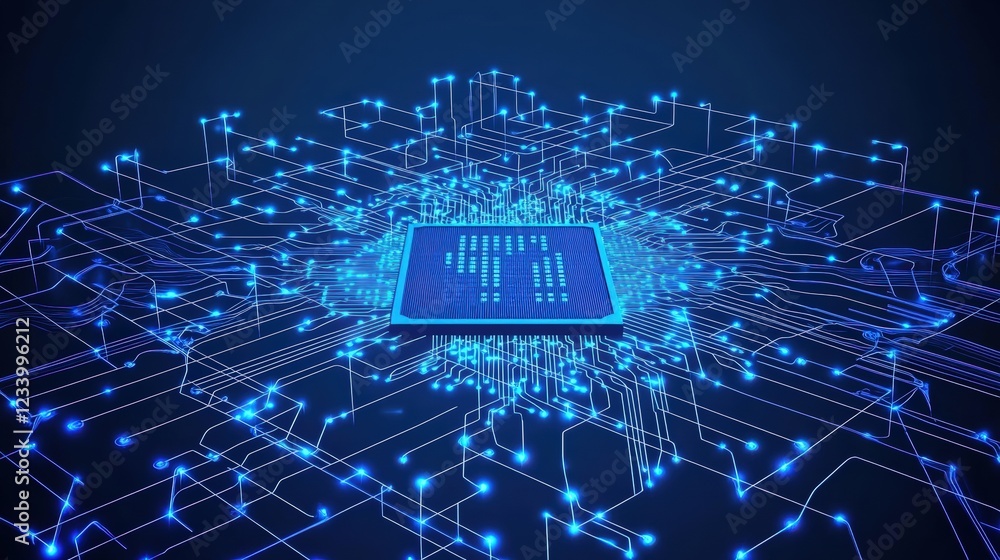 Poster circuit board with blue lights and intricate circuitry design for technology and electronics themes